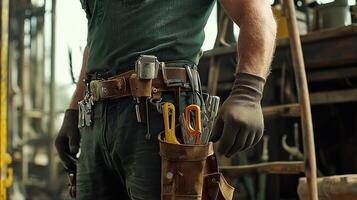 A man in a green shirt and brown gloves holding a tool belt photo