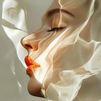 A woman's face is covered in smoke photo