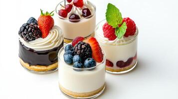 Four dessert cups with different types of fruit photo