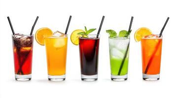 A group of different colored drinks in glasses photo