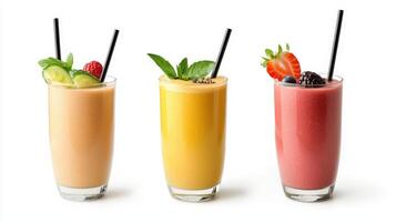 Three different smoothies in glasses with straws photo
