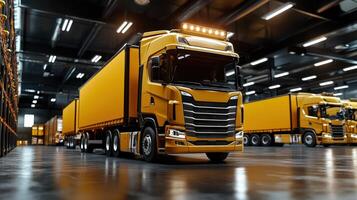 A large group of yellow trucks in a warehouse photo