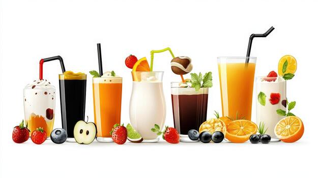 Various types of fruit and juice drinks photo