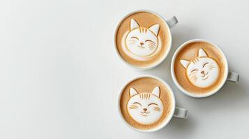 Three cups of coffee with cat faces on them photo