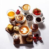 A variety of coffee and pastries on a wooden tray photo