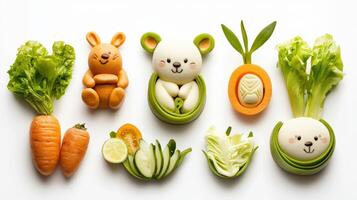 A variety of vegetables and fruits arranged in a bunny shape photo