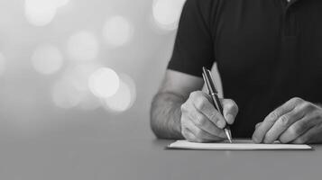 A man is writing on a piece of paper with a pen photo