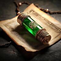 An old book with a green glass bottle on top photo