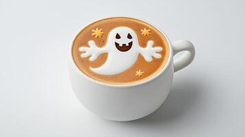 A cup of coffee with a ghost face on it photo