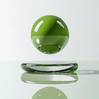 A green glass ball floating on top of a glass table photo