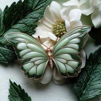 A green butterfly with gold and white flowers photo