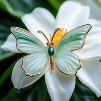 A butterfly shaped brooch with green and gold accents photo