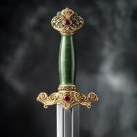 A sword with a green stone on it photo