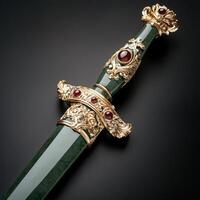 A green and gold dagger with a red stone photo