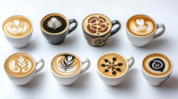 A group of coffee cups with different designs photo
