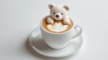 A white cup with a bear sitting on top of it photo
