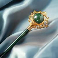 A green stone is on top of a gold - plated stick photo