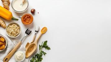 Various foods and ingredients are arranged on a white surface photo