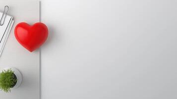 A red heart is sitting on a desk next to a cup of coffee and a notepad photo