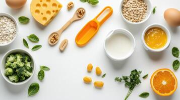 Various foods including eggs, milk, cheese, broccoli, and other ingredients photo