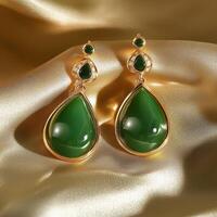 Green jade and diamond earrings on a gold background photo
