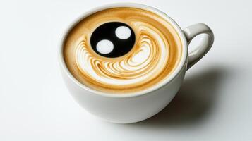 A coffee cup with a black eye in the middle photo