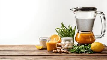 A blender with fresh vegetables and herbs on a wooden table photo
