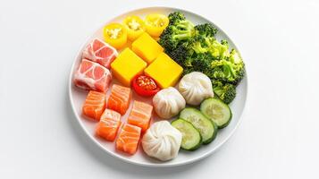 A plate with various types of food including fish, vegetables and broccoli photo
