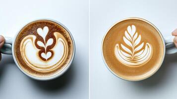 Two images of coffee art on white cups photo