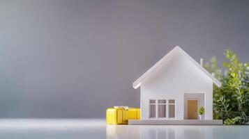 House model with green plant and gold suitcase on grey background photo