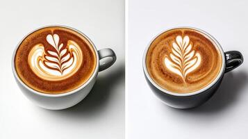 Two images of coffee with the same latte art photo