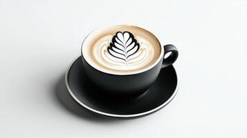 A black cup of coffee with a leaf design on top photo
