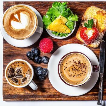 A table topped with coffee cups and fruit photo