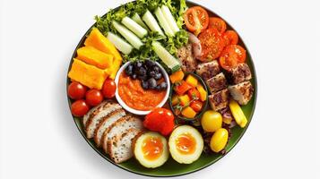 A plate with a variety of food including eggs, tomatoes, cheese and bread photo