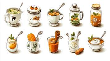 A set of different types of food in cups and spoons photo