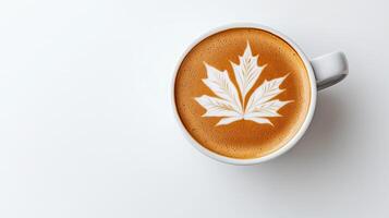 A cup of coffee with a maple leaf drawn on it photo