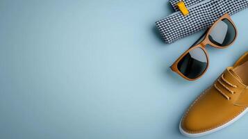 Yellow shoes, sunglasses and a wallet on a blue background photo