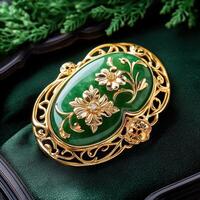 A green and gold brooch with flowers photo
