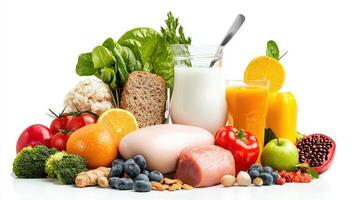 A variety of fruits and vegetables are arranged in a glass photo