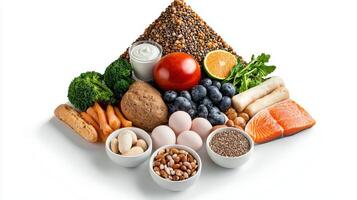 A pyramid of different foods including eggs, fish, nuts, vegetables and fruit photo