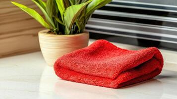 A red towel on a counter next to a plant photo