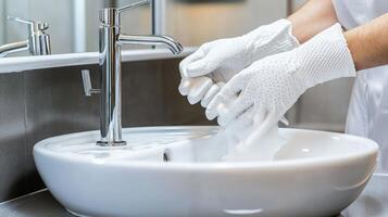 A person in white gloves washing their hands in a sink photo