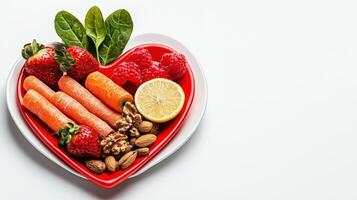 A red heart shaped plate with a variety of fruits and vegetables photo