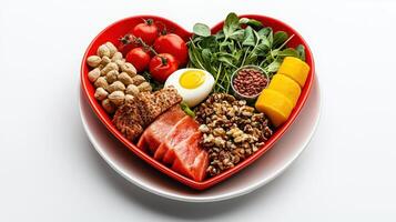 A red heart shaped plate with food in it photo