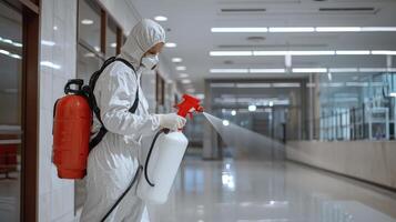 A person in a white protective suit spraying a room photo