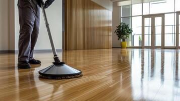 A man is cleaning a wooden floor with a vacuum photo