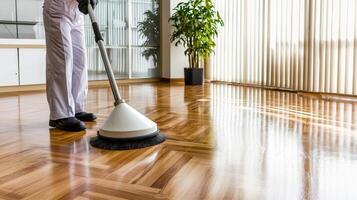 A person cleaning a hardwood floor with a vacuum photo