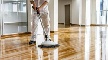 A man cleaning a wooden floor with a vacuum photo