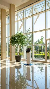 A large lobby with a potted plant in the middle photo