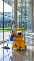 A yellow cleaning cart and mop sitting on a floor photo